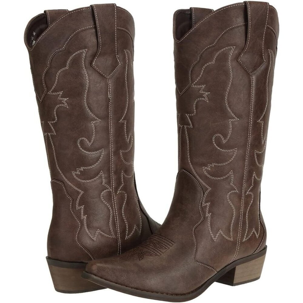 Women's Brown Rubber Cowgirl Wide Calf Fashion Classic Comfortable Western Boots - Picture 7 of 8